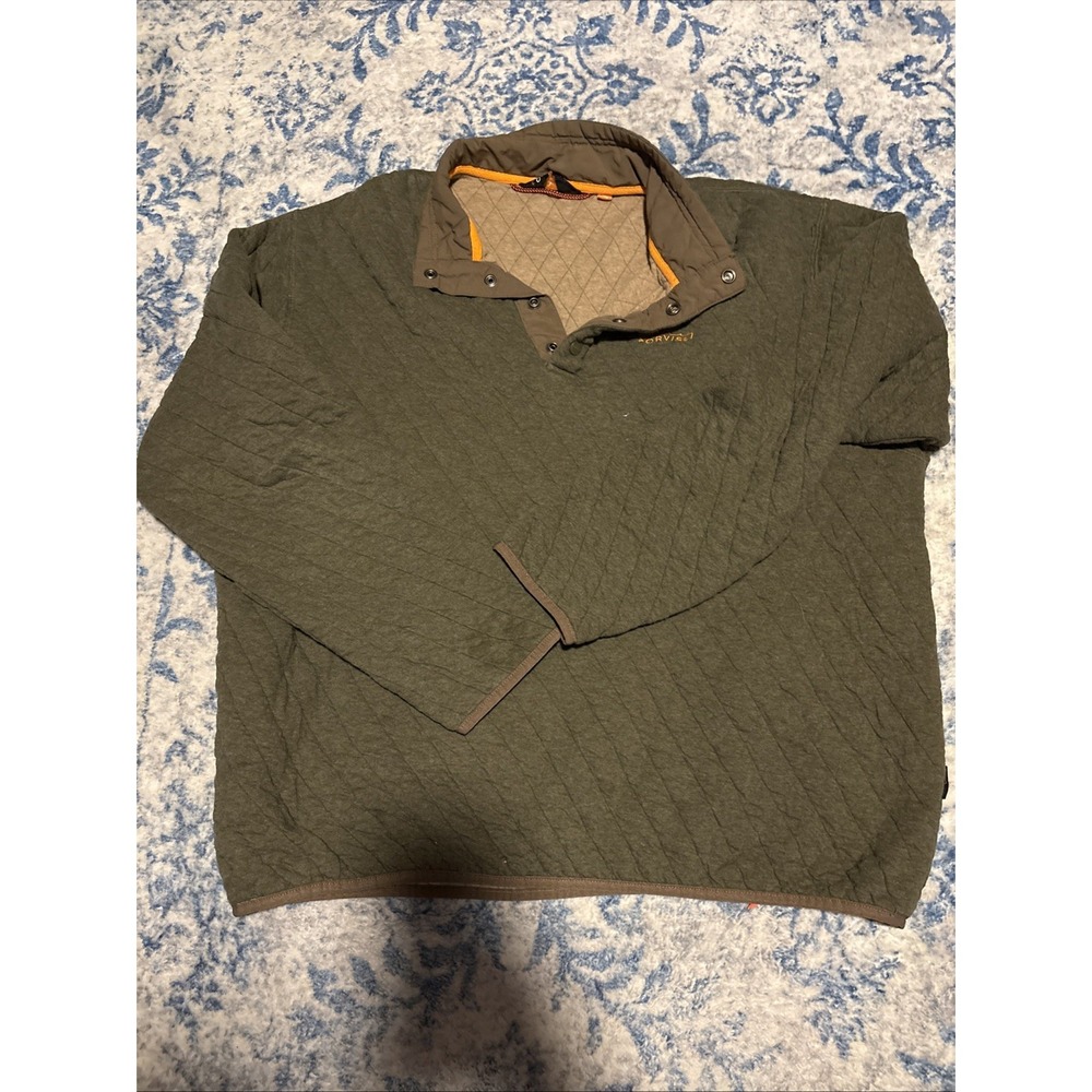 Men's XL Orvis 100% Cotton Quilted Quarter Snap Green Pullover Sweater